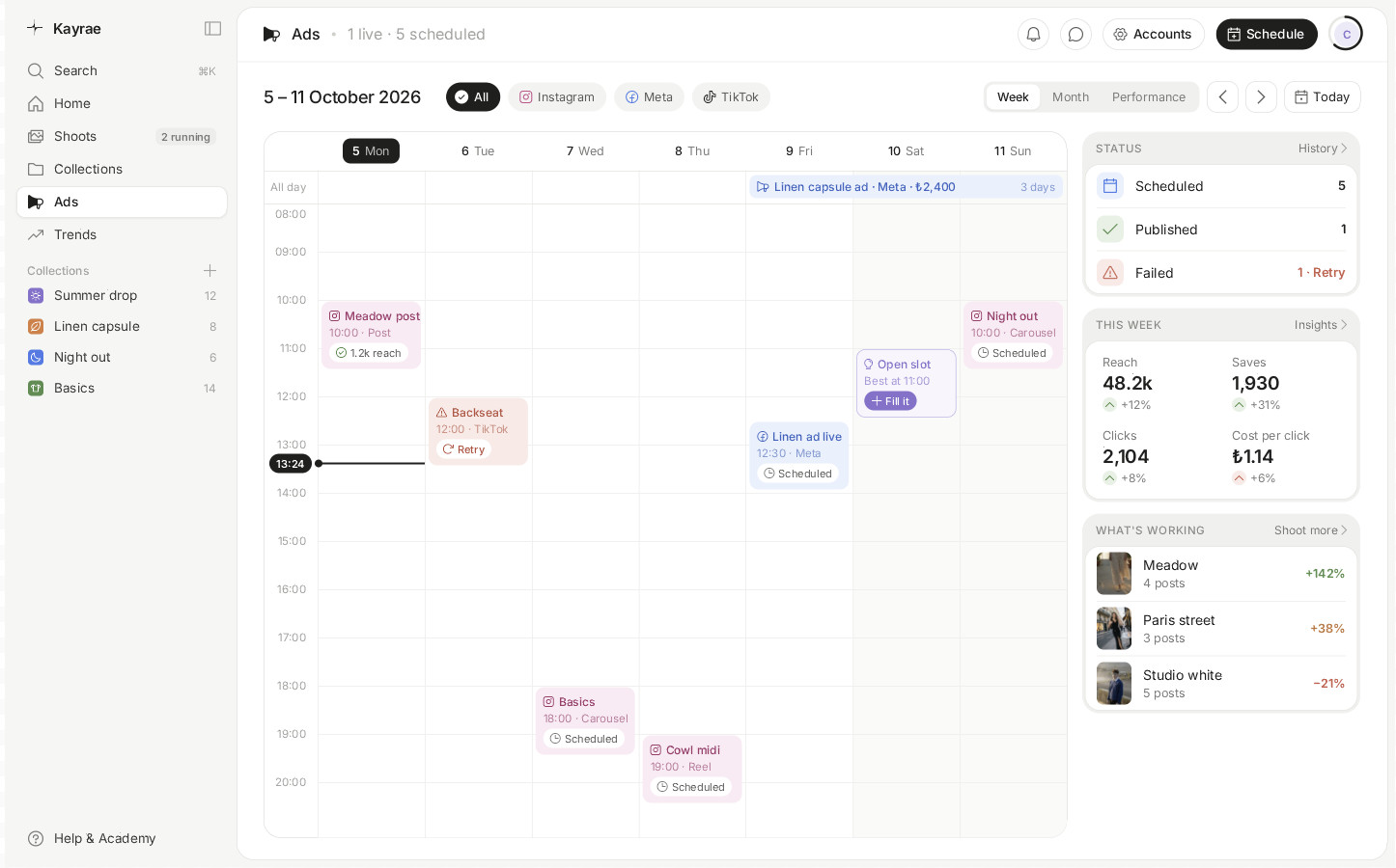 Kayrae Ads calendar: a week of posts and ads across Instagram, Meta and TikTok