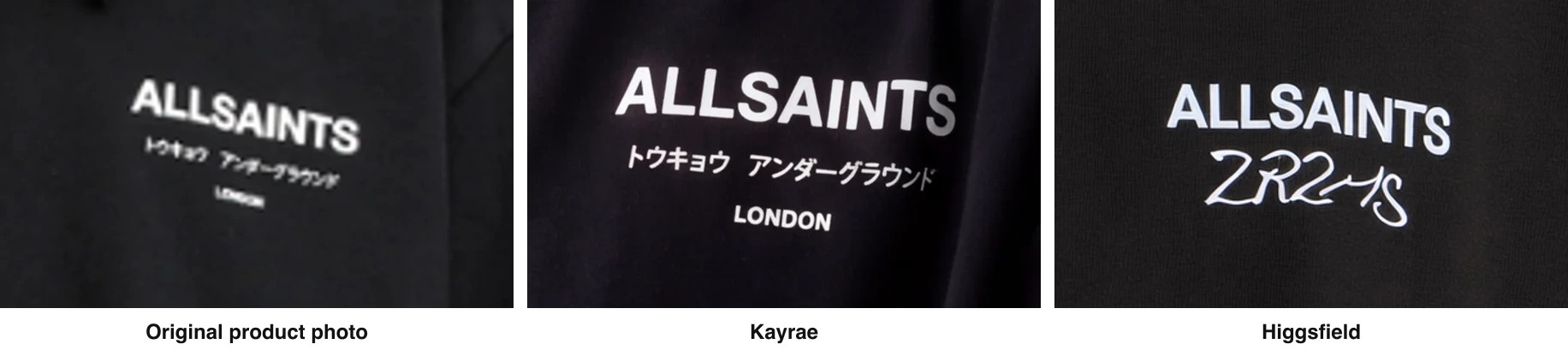 Logo close-up: the original AllSaints print, Kayrae's output with all three lines intact, and Higgsfield's output with the Japanese line and LONDON replaced by a scribble