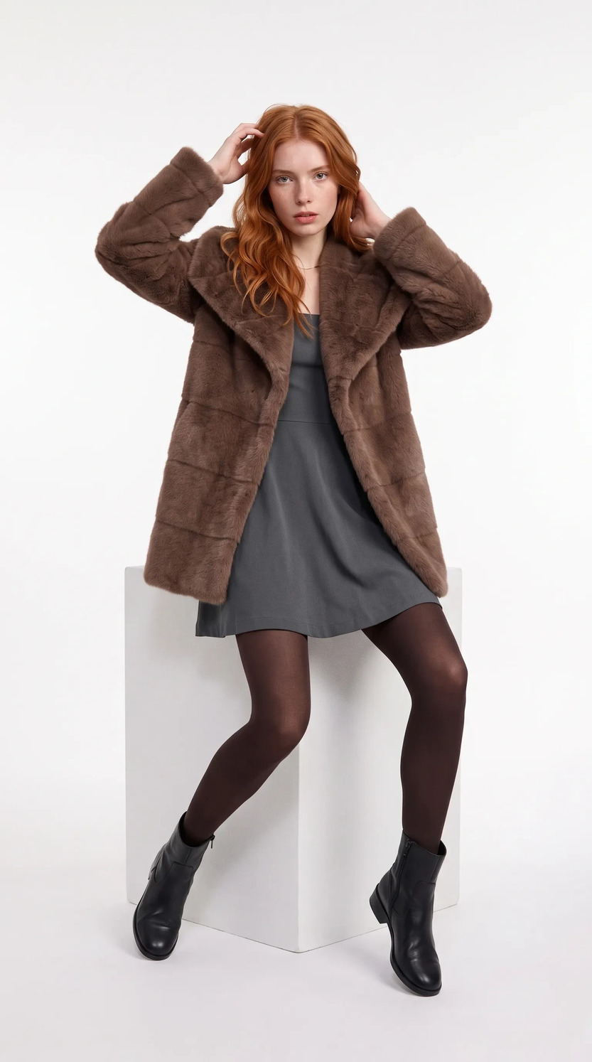 The coat worn open in the studio, hands raised