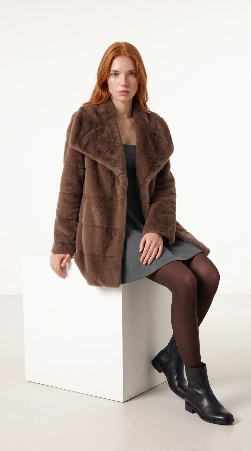 The model seated on a plinth wearing the coat