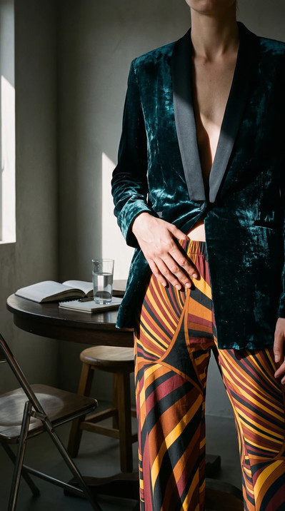 AI-generated on-model fashion photo: Velvet blazer and printed trousers, reading room