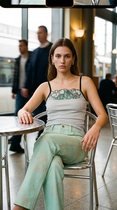 AI-generated on-model fashion photo: Lace camisole and washed denim, roadside café