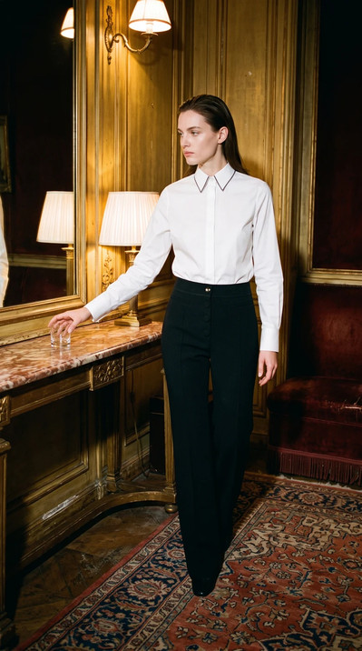 AI-generated on-model fashion photo: White shirt and black trousers, grand salon