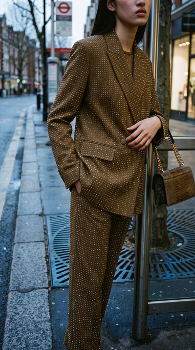 AI-generated on-model fashion photo: Double-breasted check suit, city street