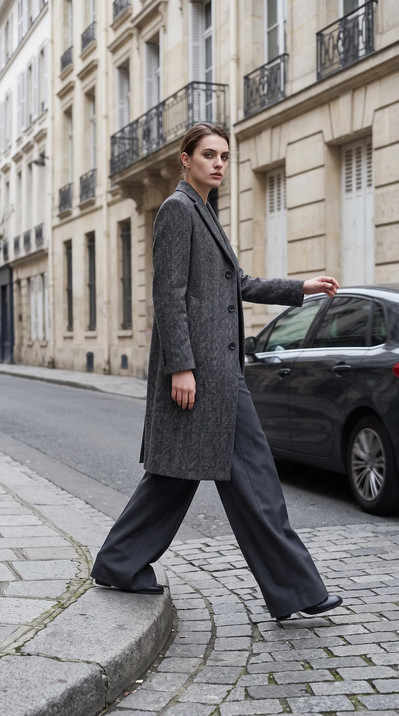 AI-generated on-model fashion photo: Wool overcoat, grand boulevard