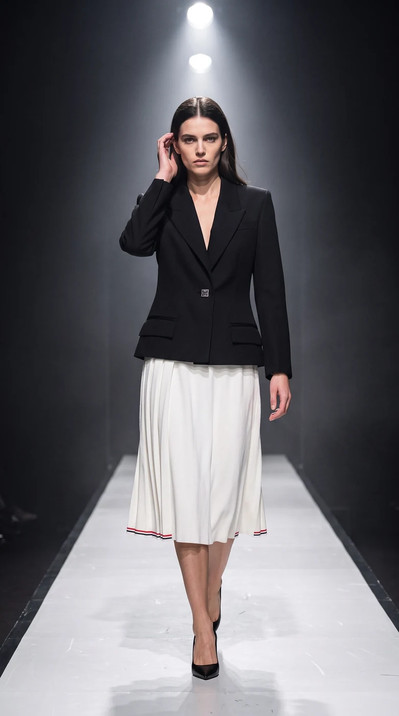 AI-generated on-model fashion photo: Tailored jacket and pleated skirt, runway