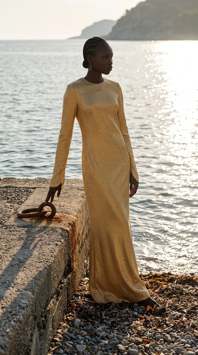 AI-generated on-model fashion photo: Bias-cut gown, sheltered cove