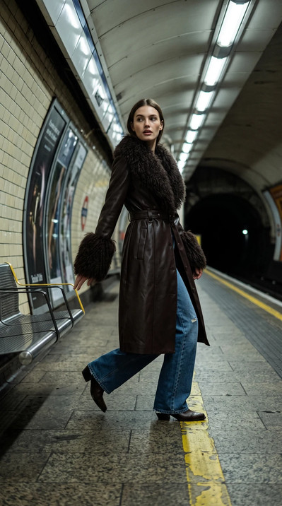 AI-generated on-model fashion photo: Shearling-trim coat, metro platform