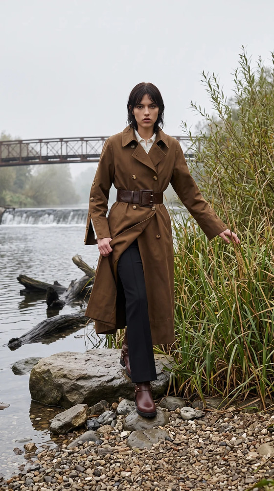 Trench coat with a brown leather belt