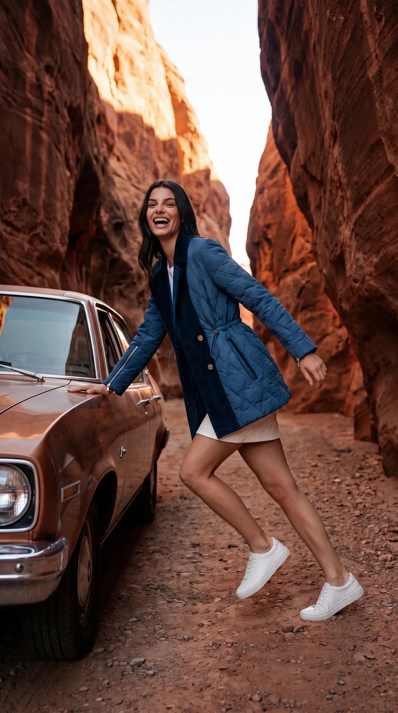 Denim blazer and white skirt beside a vintage car in a red rock canyon