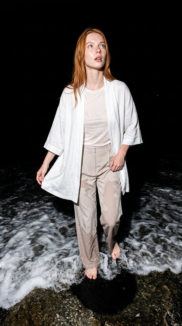 White kimono and cream trousers on wet rock