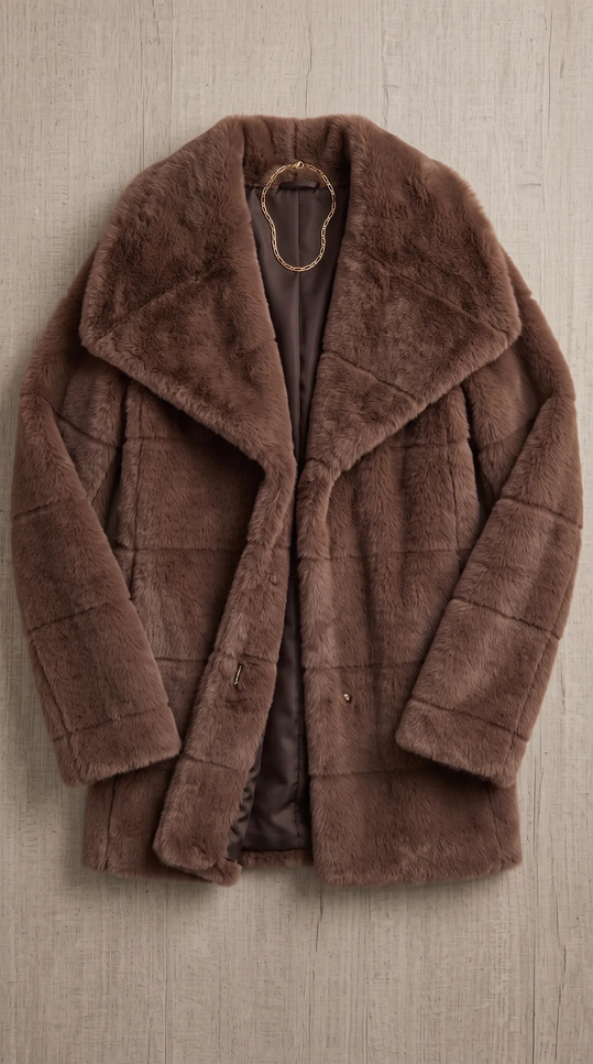 A brown faux-fur coat laid flat on linen with a gold chain at the collar