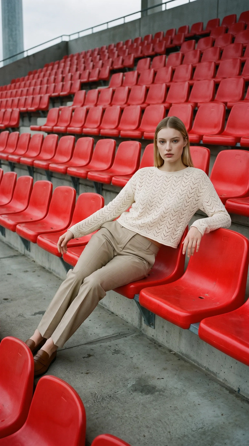 Cream pointelle knit and trousers, seated in red stadium seats